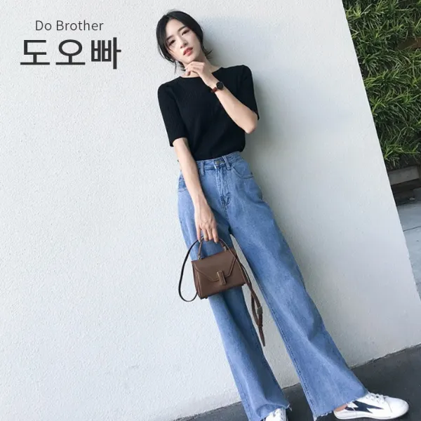 도오빠 여성 와이드 청바지 캐주얼 스트레이트 바지 높은 허리 봄 가을 편안한 여자청바지 긴바지