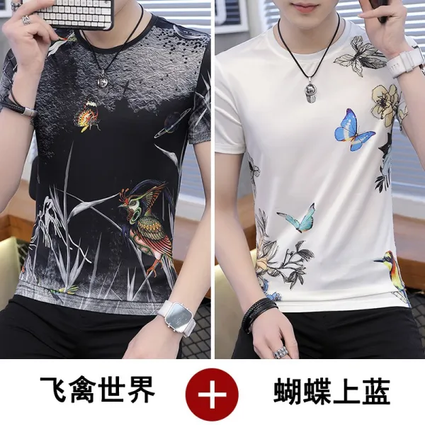 플라워프린트 라운드넥 얇은 동물 여름 청년 체형커버 M552770, 날짐승 세상 블랙 나비 블루