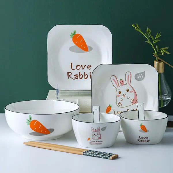 상행아는 사발과 접시 세트 북유럽 베이직 그물 홍식기 ins 사발 세트 수트 칠선 깜찍 토끼 접시 가용 9벌 사각형