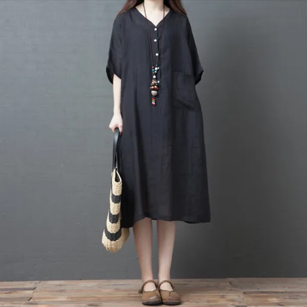 심쿵마켓 루즈핏 편안한 솔리드 브이넥 반팔 원피스