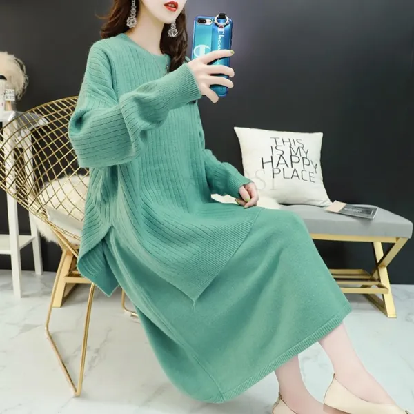 Kirahosi 가을 여성 니트 세트 여자 캐주얼 긴팔 상의 예쁜 치마 하의 투피스 빅사이즈 110 Gs11