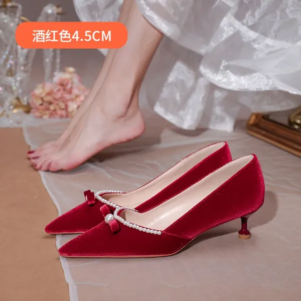 MAROLIO 두드리다 미혼 슈즈 차이나 결혼 레드 하이힐 여성 스틸레토힐 진주 수화 신부 2606135580, 36, 와인색 4.5cm