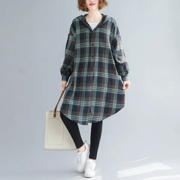 플랜글로벌 여성 체크 무늬 롱 후드 셔츠cth