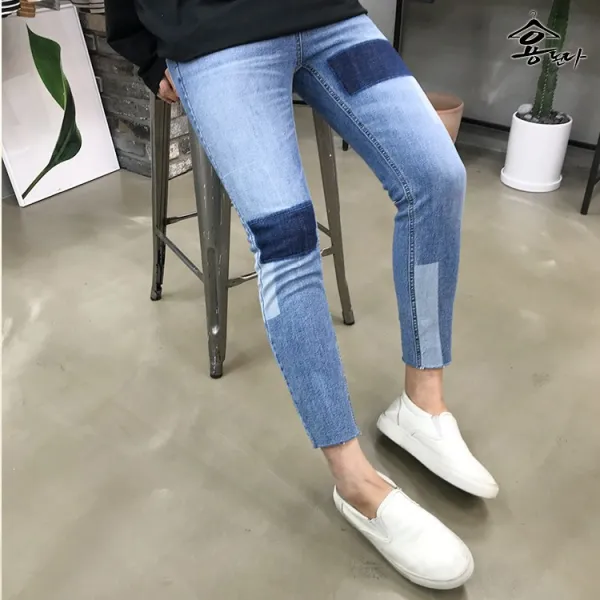 용된다 유니크 배색 밑단컷팅 남자 청바지