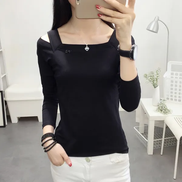 슬림 오프숄더 긴팔 티셔츠 블랙 티 여 긴팔 어깨너머 2019 가을한복 슬림핏 면 이