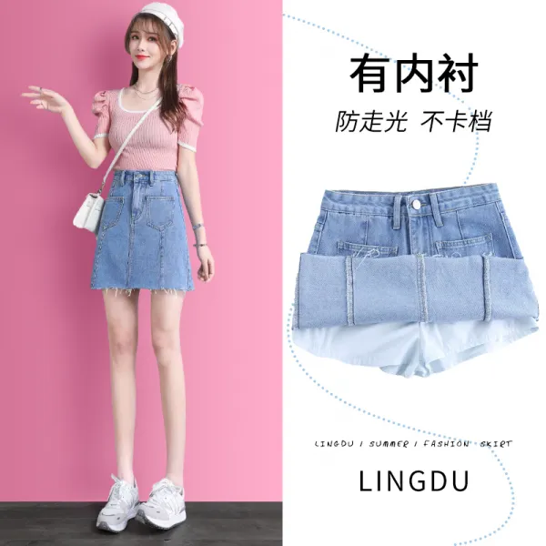 데님스커트 여성 여름 얇다 노출방지 인싸템 A라인 미니스커트팬츠 트임 힙랩 2388017308, 블루 -C타입 L