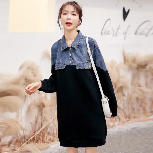 원피스 데님 면 솔리드 통근방넥 와이드 허리커버 블랙 A라인 스커트