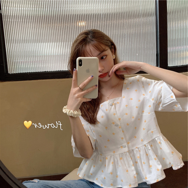 Jun.05 125번 빅 사이즈 여성 플라워 스퀘어 셔츠 루스 하이 통통 mm 시폰 톱 반팔 인형 배 가리개연령이 감소하다Z