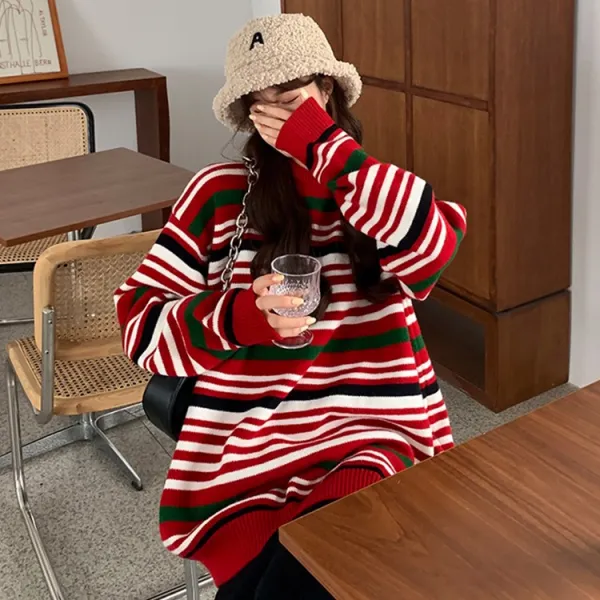 술 1 스웨터 여성 레드 스트라이프 단가라 겨울 가을 와이드 핏아우터 코트 냇물