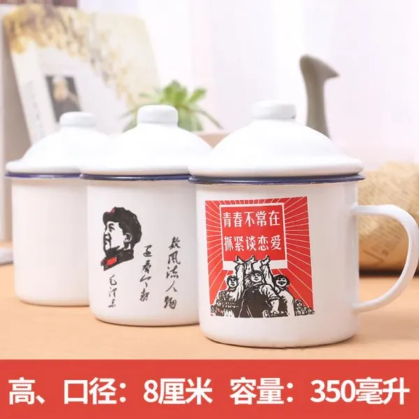 8 뒤커버 철제차항아리 구식 철제 내떨기 리더 찻항아리 컵 법랑패기 항아리 자강 개성, 있음 덮개 화이트 레트로 패턴 8cm