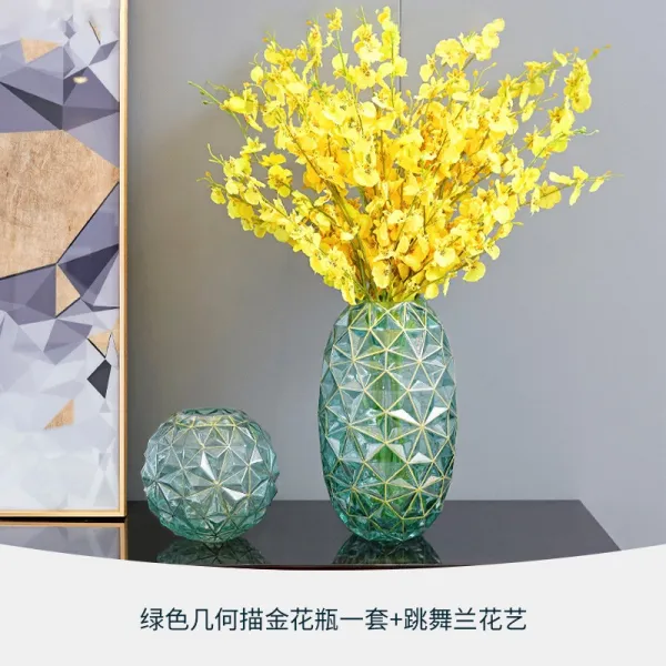 Mar.22 114번 북유럽식 경사진 유리 수양 화병 장식 거실 꽃꽂이 현관 식탁 Tv 캐비닛 드라이 플라워 장식z 17_가 벼 운 금 화병 그린 투피스 + 12 개의 댄