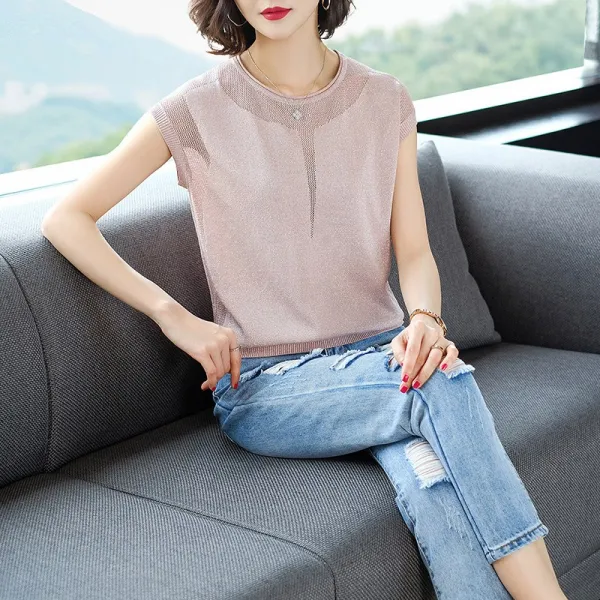 마멜뷰 루즈핏 펀칭 그물 니트 아이스 티 여 반팔 와이드 탑여름 숏
