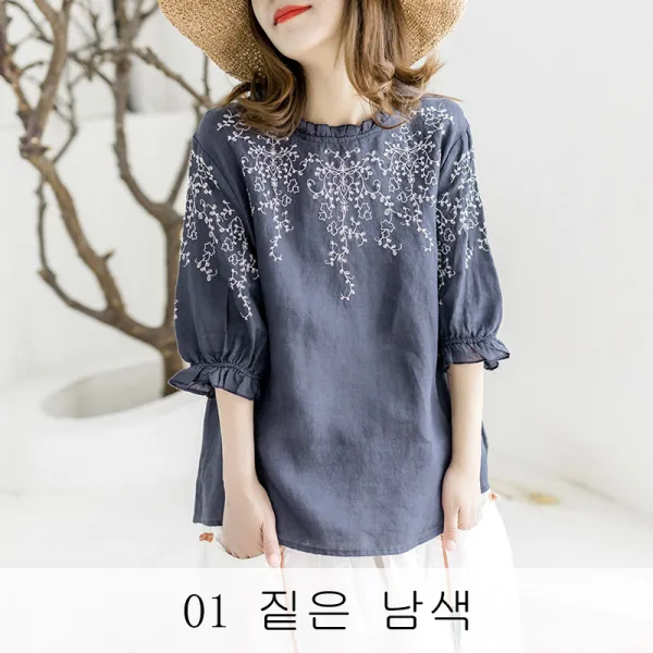 뉴타임인터내셔널 블라우스 여름 자수 린넨 빈티지 반팔 청소매 마 상의 여성 잔꽃 모시 티셔츠 ST02 A25