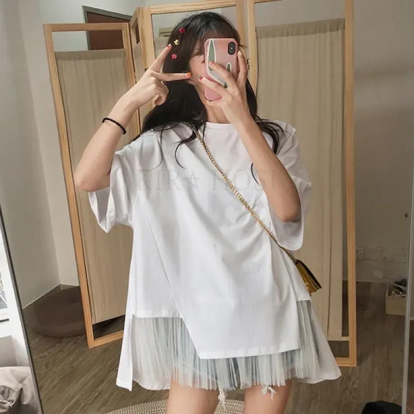 kirahosi 여자 여름 바캉스 반팔 셔링 오버핏 티셔츠 블라우스 + 덧신 증정 AFq738ok