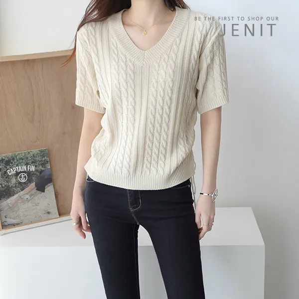 제니트 센브스트링니트 봄 여름 여성 루즈핏 브이넥 반팔 니트 여성니트 봄니트 반팔티