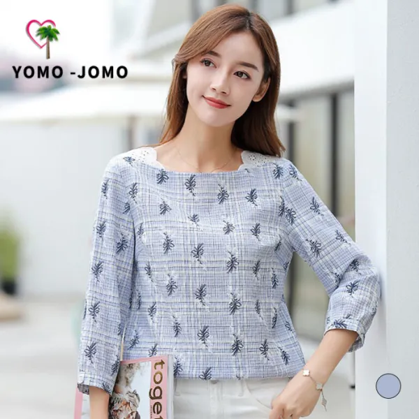 여성 보트넥 체크 패턴 플라워 블라우스 YJS349