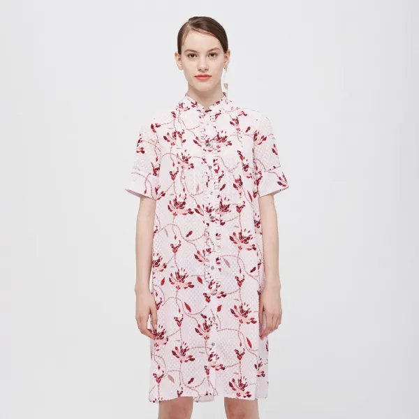 De Coster 덕시 체크 밑천 플라워 프린트 연보라색 피부 섶 클래식 미드