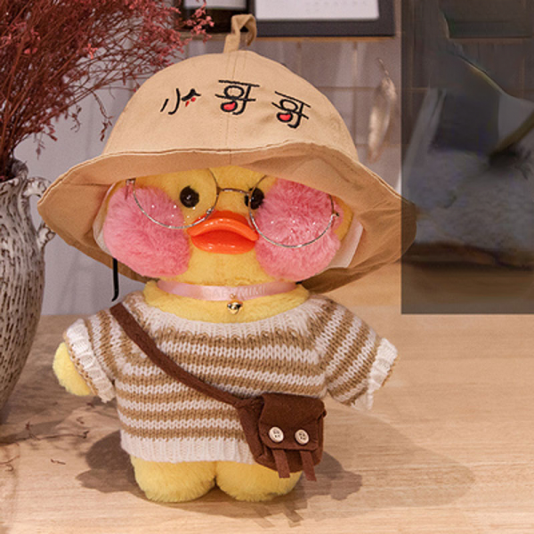 PKTOYS 행운재수말하는 빵빵덕 흰오리 인형 힐링 깜짝 선물 친구 베프 가족 선물, 남동생 모자 갈색 흰색 줄무늬 갈색 가방, 흰 오리 [생일 노래 노래]