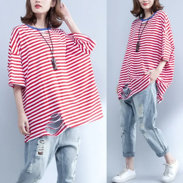 블랙바바 여성 라운드넥 스트라이프 티셔츠A19072966