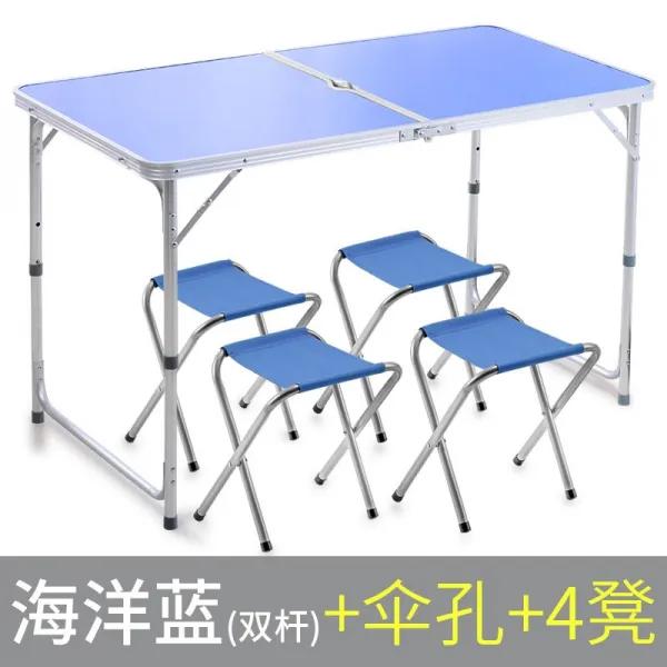 야외테이블 휴대용 야영 야외 테이블식 관절큐테이블 접이식테이블 긴탁자 마케팅 노점 자가운전여행 T15 P67쌍봉 블루색+우산구멍+4의자