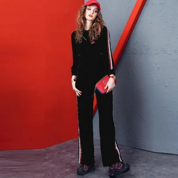 고급 여성 원피스 드레스 스포츠 장식 조각 모자이크 후드 스웨터 스트레이트 바지 숙녀 숙녀의 두 조각 세트_34878