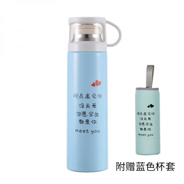 텀블러 보온컵 여성휴대 귀여운 참신한 커플용품 물컵 대용량 스테인레스 학생 심플 차컵 남성, T12-투명뚜껑 500ml블루 연착+컵커버