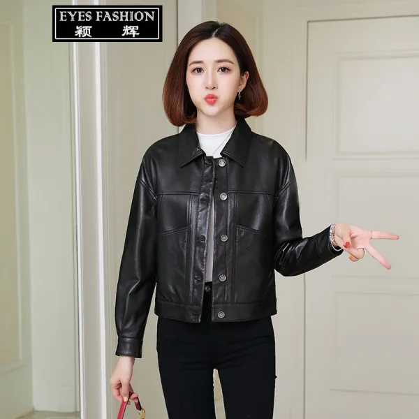 EYES FASHION 진짜 가죽 여성용 가죽옷 짧은 옷차림 수입하다 면양가죽 외투 봄가을 새로운 스타일 슬림핏 재킷 한국판 캐주얼 얇은 모양 상의 오피스 간략하다