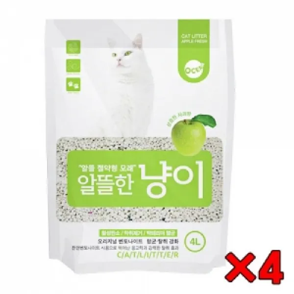 [AIZ_7411127] 오션 알뜰한 냥이 모래 4L 사과향 4개 고양이모래 화장실응고모래 애묘모래 사과향응고모래 배변용모래