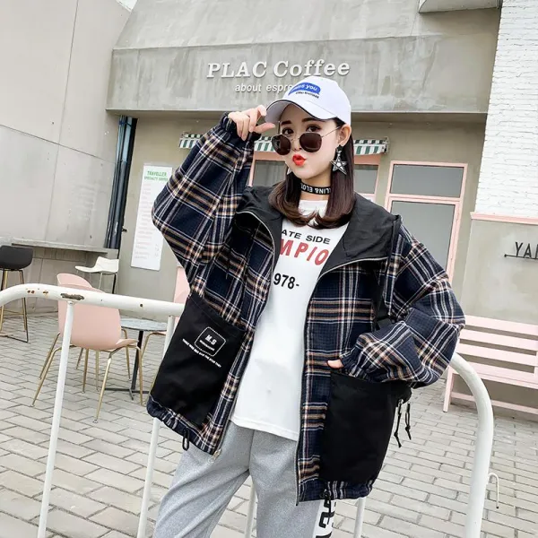 빅피플 루즈핏n1 코트 여성 후드 체크 점퍼 가을