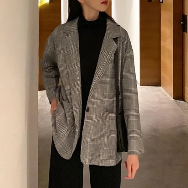 Kirahosi 캐주얼 심플 체크 무늬 미디 롱 자켓 여성 데일리 춘추 양복 상의 긴소매 417호+ 덧신 증정 Edndaez