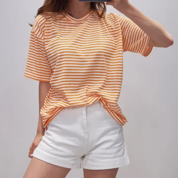오늘도입다 라운드넥 컬러풀 단가라 루즈핏 여름 면 반팔티
