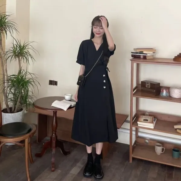 독블레스유 Dogblessyou 블랙브이넥원피스 빅사이즈 프렌치시크 햅번 롱 여름옷 허리보정 배가리고 슬림해보이는 여성