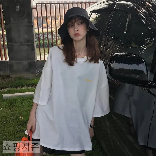 여름 여성 박스 루즈핏 캐릭터 나염 롱 반팔 티셔츠 바캉스룩 데일리룩