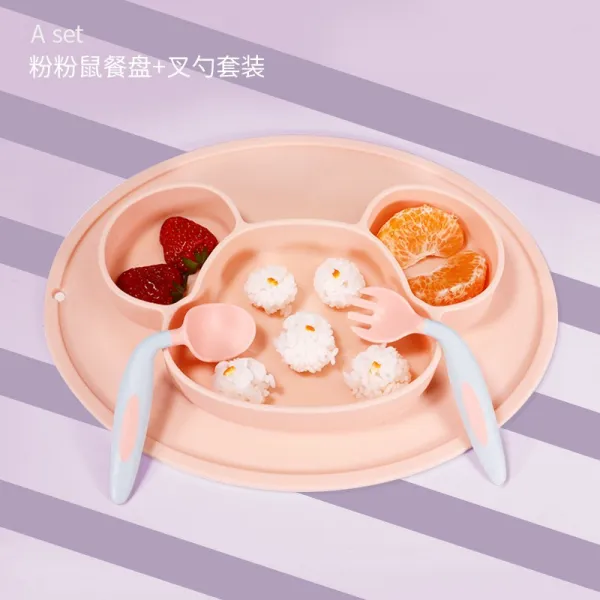 유아용 실리콘 접시 패드 식기 세트 동물 모양 교정용 실리콘 젓가락 포크 숟가락 깨지지 않는, (푸 랏 청샹) 실리콘 디너 플레이트 핑크 + 포크 스푼 (핑크)