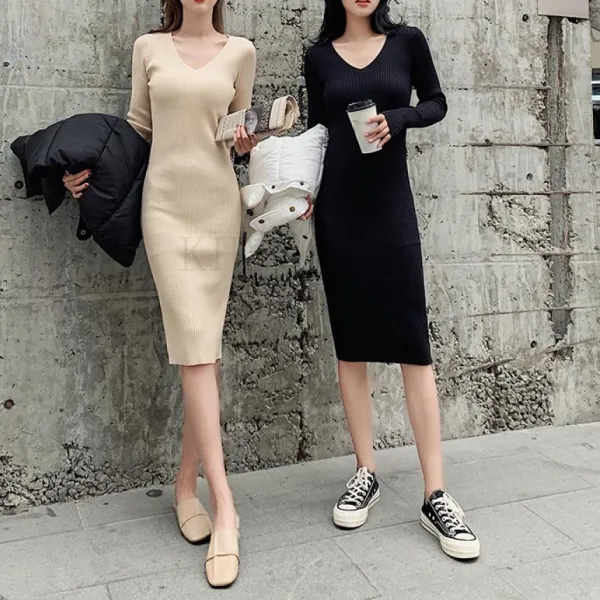 Kirahosi 여성 봄 가을 브이넥 섹시 슬리밍 골지 니트 원피스 + 덧신증정 Cbfxqhw9