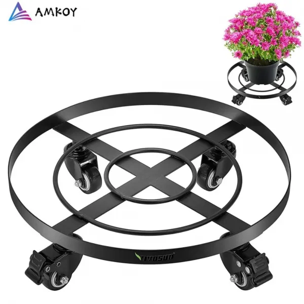 AMKOY 금속 원형 꽃 식물 냄비 트레이 4 바퀴 무거운 화분 꽃 냄비 발동기 트롤리 플레이트 스탠드 홀더 정원 도구, 28cm diameter