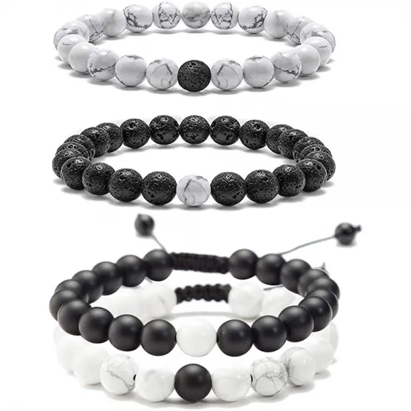 MEALGUET 4 PC를 커플 음과 양 검은 용암 바위와 화이트 Howlite 비즈 거리 관계 커플 팔찌 보석 구슬 팔