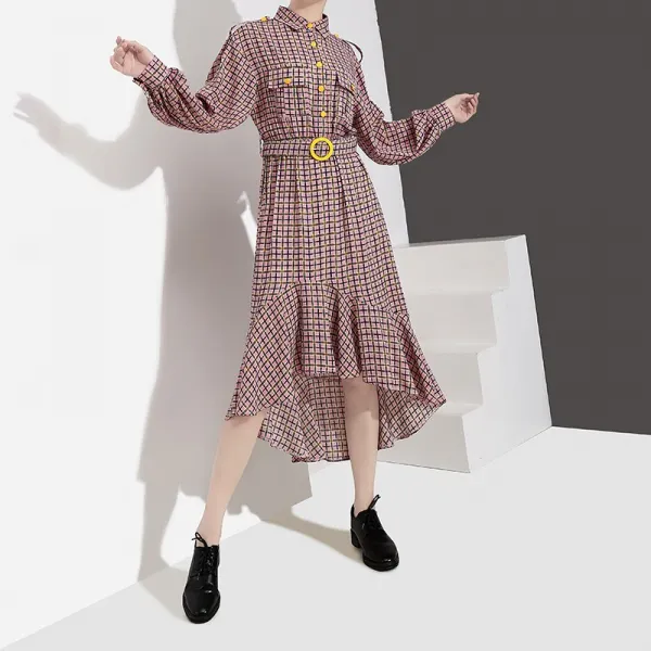패션이루 미시 체크 언발 원피스 롱 긴팔 캐주얼 오피스룩 여성