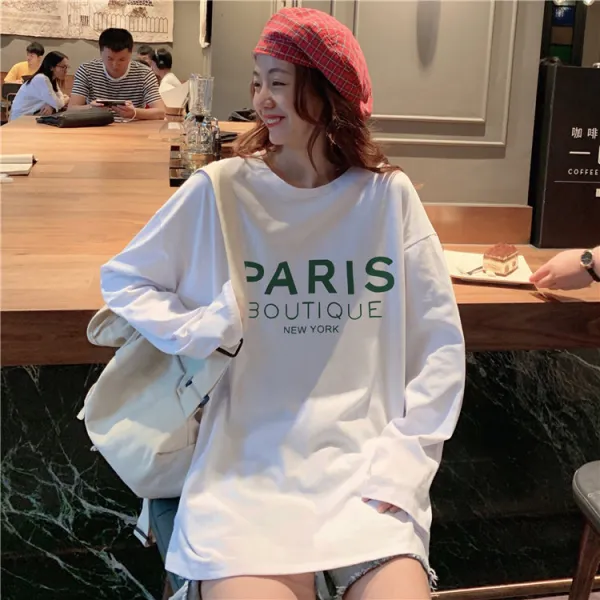 Okseller1 러블리한 라운드넥 긴소매 글씨 프린팅 티셔츠