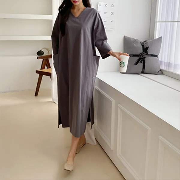 여자 옆 빅 포켓 브이넥 무지 옆 트임 원피스