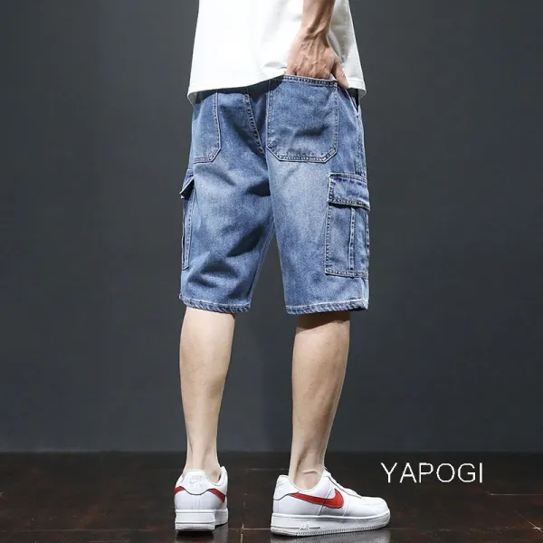 YAPOGI 여름 데님 반바지 남성 대형 느슨한 패션 브랜드 Workwear 다섯째 바지 여름 지방 빛 컬러 유행 다섯째 바지 YAPOGI