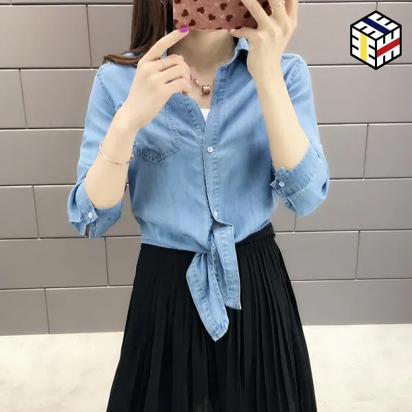 여성 봄 청 데님 셔츠 2019 여자의 여름 직업적인 복장 기질 여신 팬