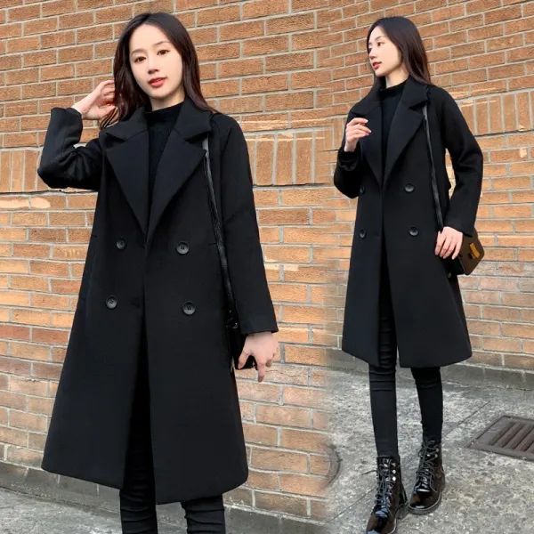 블랙 모직 코트 패션 여성 루즈 핏 가을이 왔다.여 코트에 길게 나사를 지불하다.
