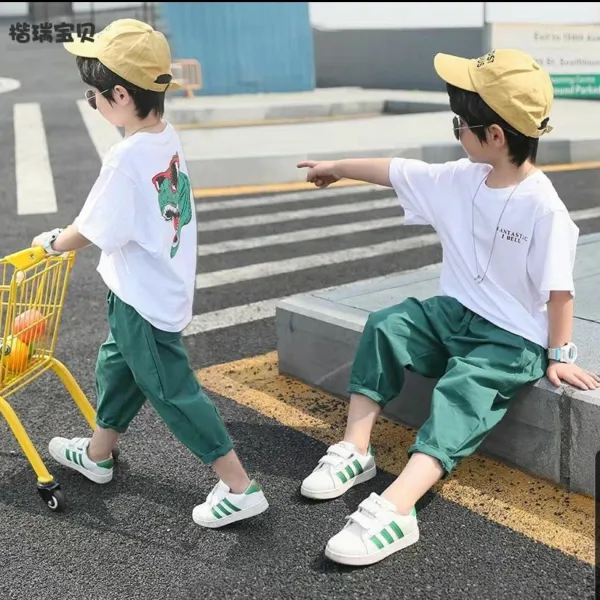 아이나라 남녀공용 키즈 티 뒤공룡 반팔 반바지 상하복(현제 발송한 상품은 주문 제작이 아닌 자체제작으로 단점 보안한 상품 바로 발송합니다.) 바지세트