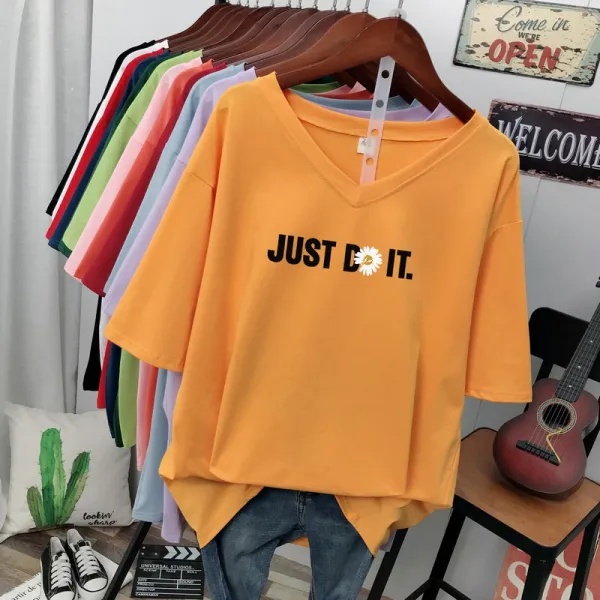 라지 사이즈 여성 순면 퍼플 티셔츠 여 반팔 브이넥 데이지 탑 루즈 날씬해 보이는 서양기운 통통 Mm200