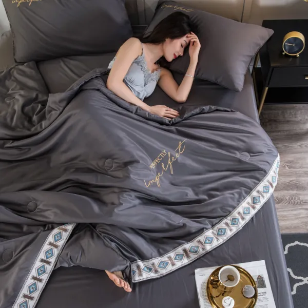 쿨 피4종 에어매쉬 단독 2인 이불솜 전라 취침 실크 워싱 북유럽풍 얇은 에어컨 이불 자여름, 해후 신사 그레이