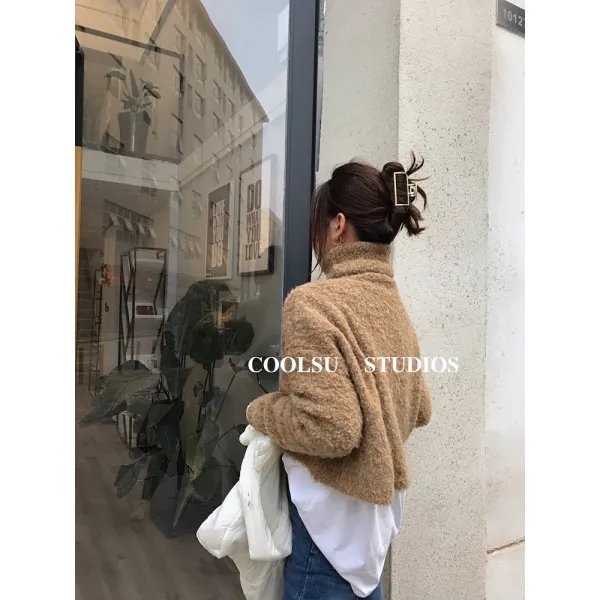 리키스컴퍼니 COOLSU 자기 띠 오버핏 감각 내재적 미 숏 와이드 루즈핏 슬림핏 이너 목폴라 상의 여성