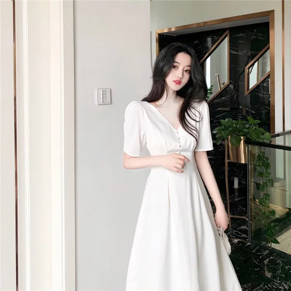 여자 인간미 화이트 원피스 여름 온유풍 날씬해 보이고 커 보이는 프렌치 롱스커트