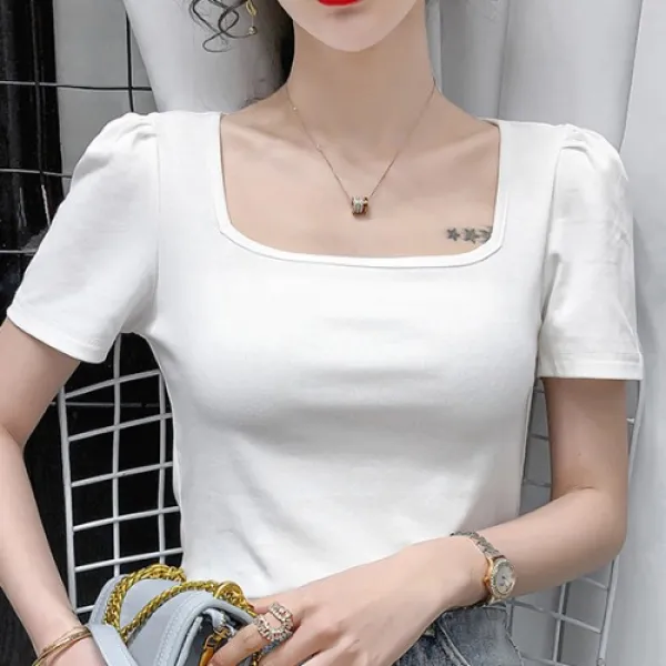 제이넷 반팔티셔츠패션 면직 t셔츠 여하 블랙 스키니핏 쇄골 프렌치시크 스타일리시 스퀘어넥 상의 x3개