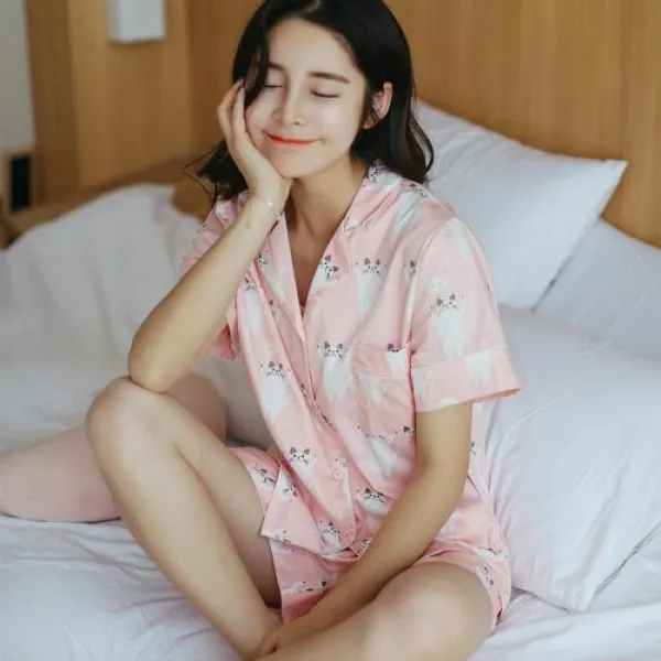 커플 파자마 여름 잠옷 귀여운 고양이 프린트 코튼 귀찮은 반소매 반바지 부모와 자식 가족 애호가 애송이